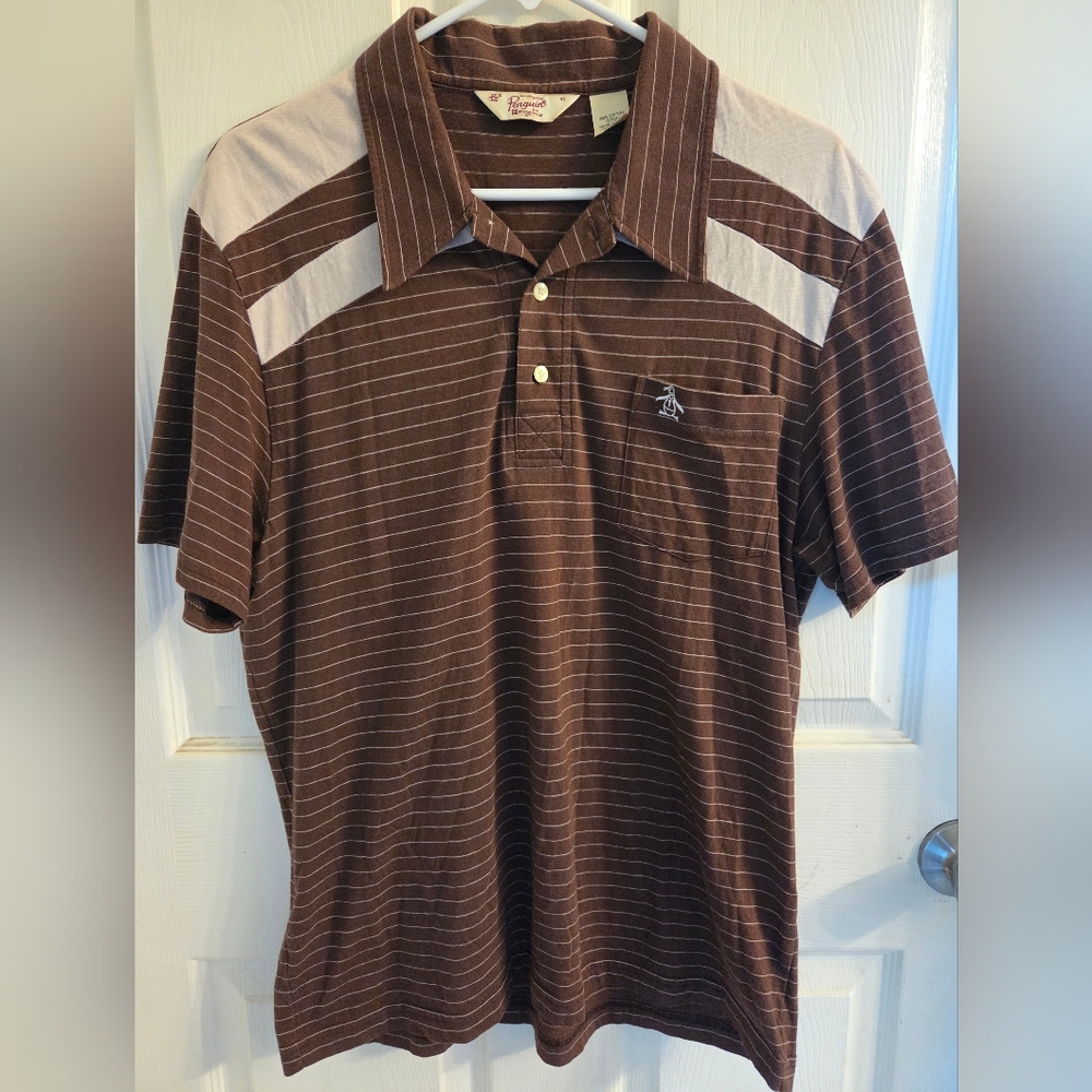 Original Penguin 100% Cotton Brown and White Striped Polo Shirt